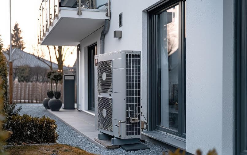 Un climatiseur contemporain placé à l'extérieur d'une maison, mettant en avant un système de pompe à chaleur air-eau.