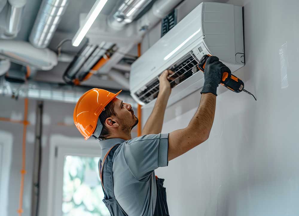 Un homme en casque orange travaille sur un climatiseur à Montpellier, se concentrant sur l'installation de systèmes gainables.
